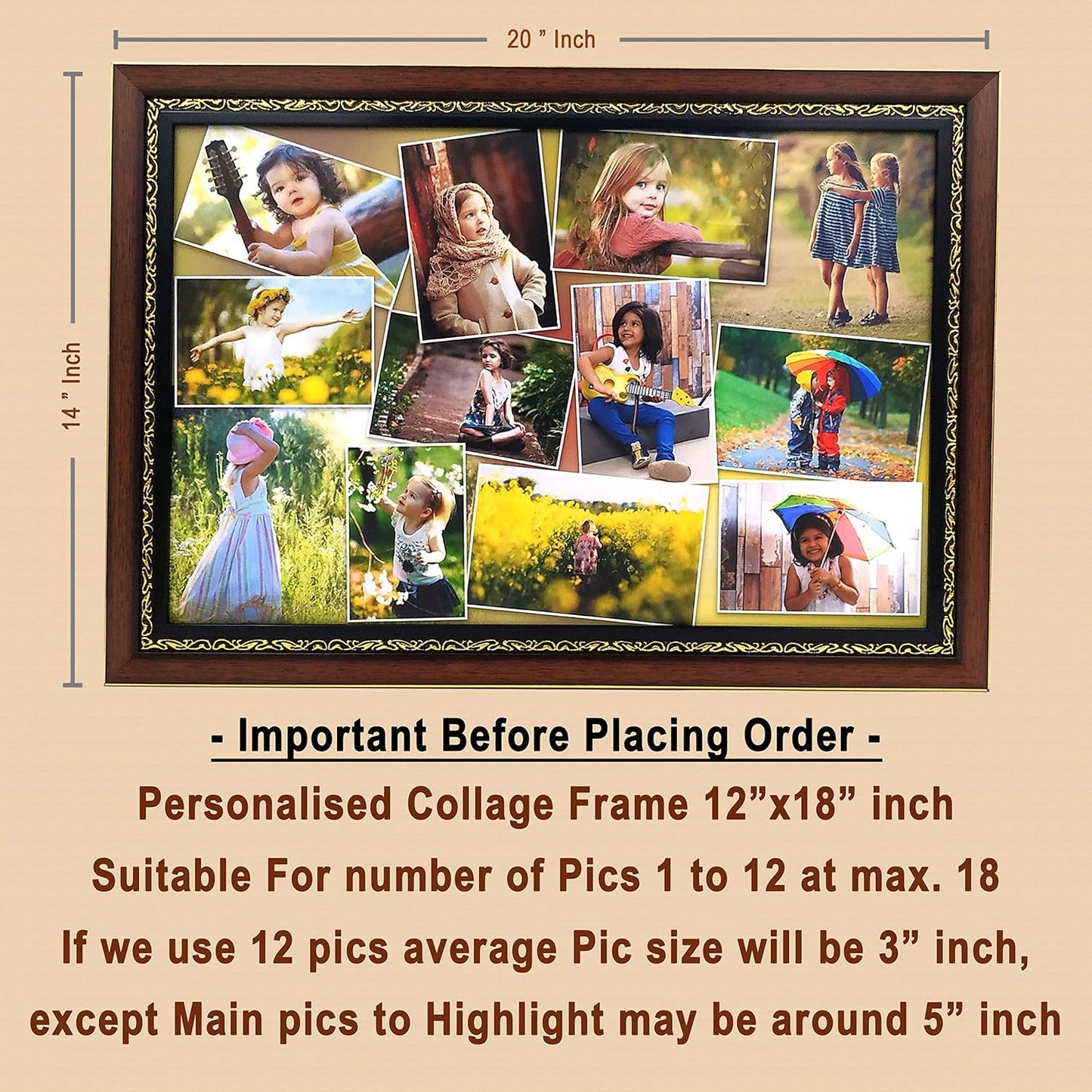 Personalized Rectangular Photo Frames For Wall Decoration Large And Wall Hanging For Living Room / Drawing Room - 12" X 18" Inch, Brown (Cp-113), Synthetic Poly Wood